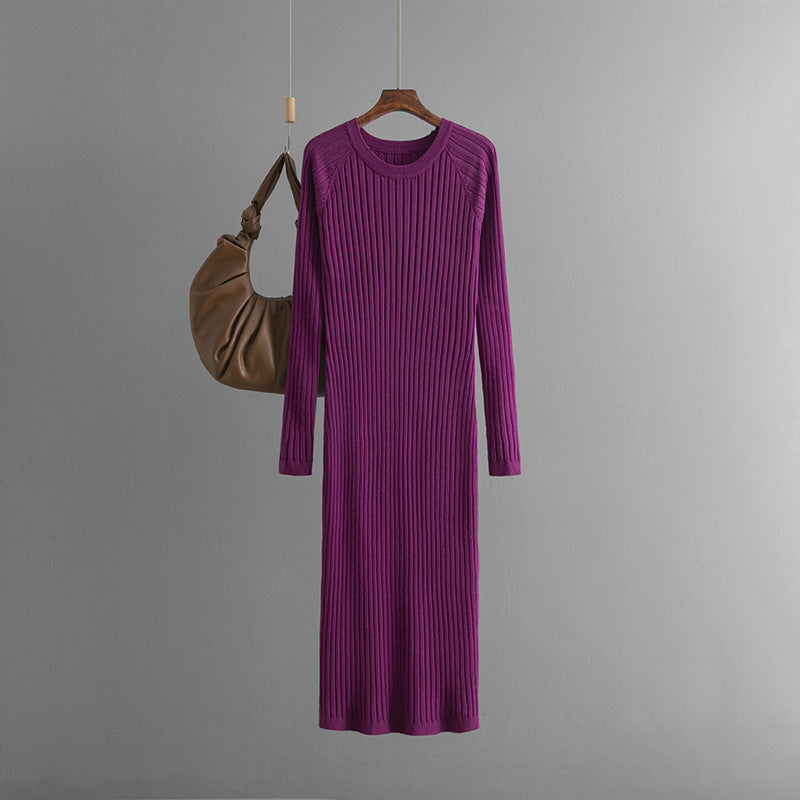 Robe midi en laine européenne et américaine – coupe ajustée avec col rond