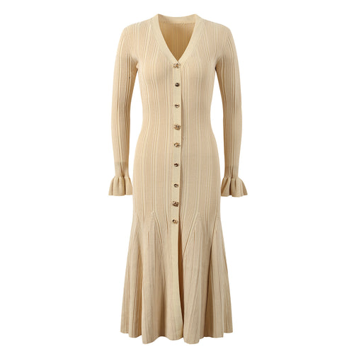 Robe queue de poisson élégante en tricot à col en V – style luxe d'automne