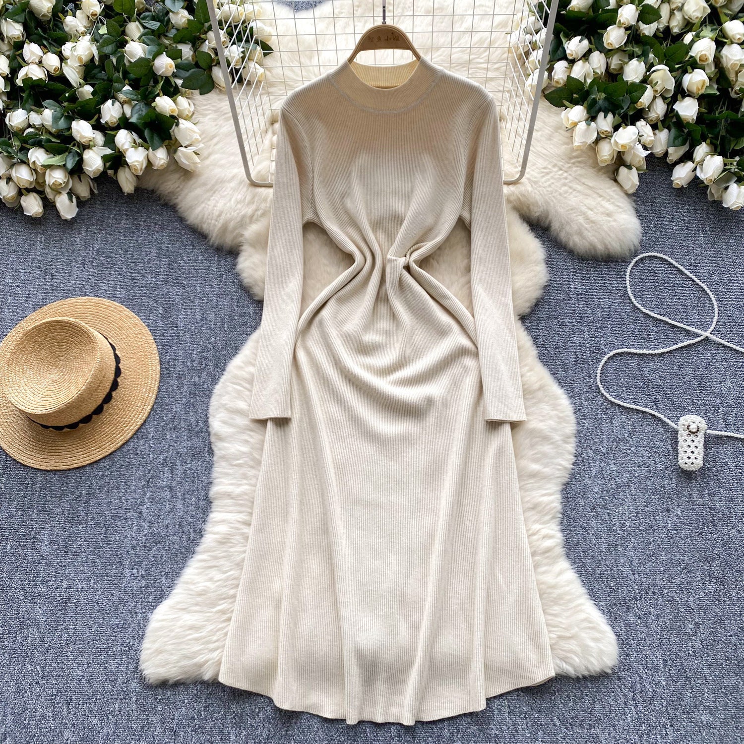 Robe trapèze élégante en coton à manches longues