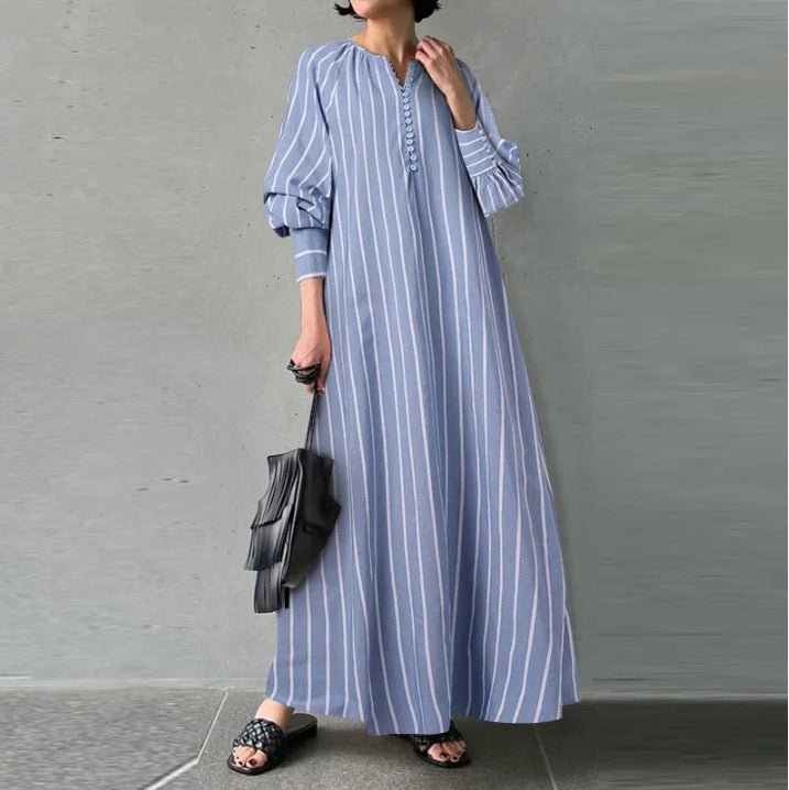 Robe pull rayée en coton et lin artistique avec poches