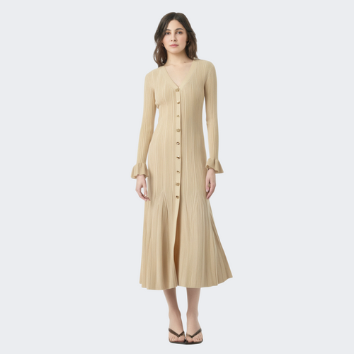 Robe queue de poisson élégante en tricot à col en V – style luxe d'automne