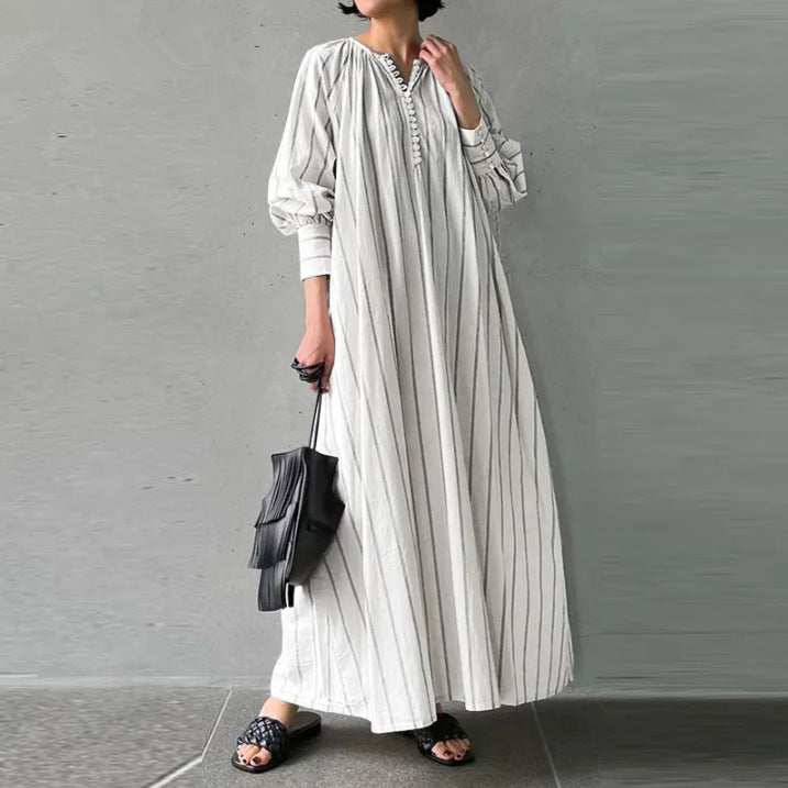 Robe pull rayée en coton et lin artistique avec poches