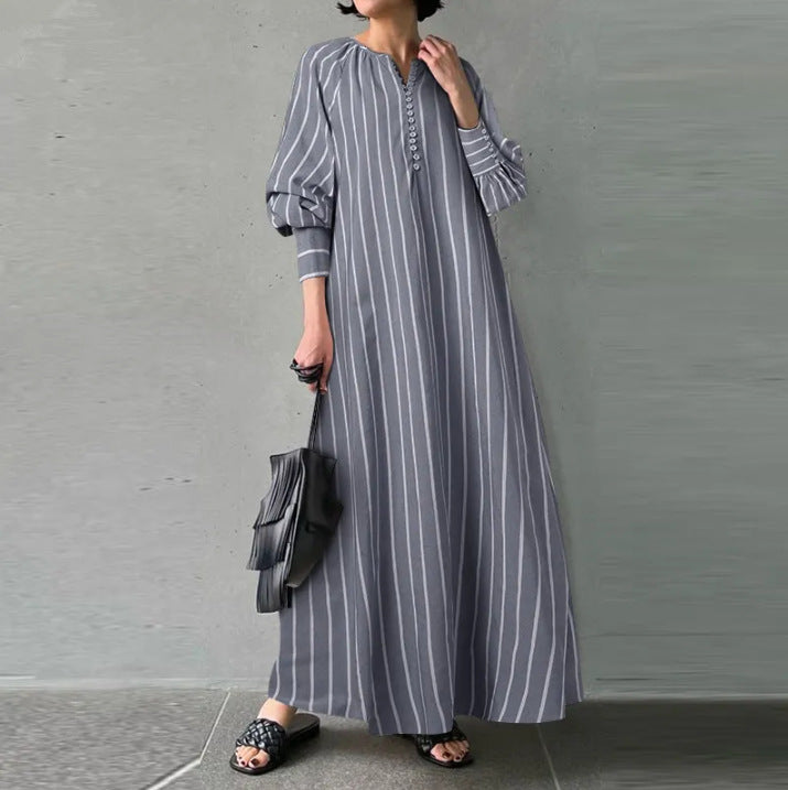 Robe pull rayée en coton et lin artistique avec poches