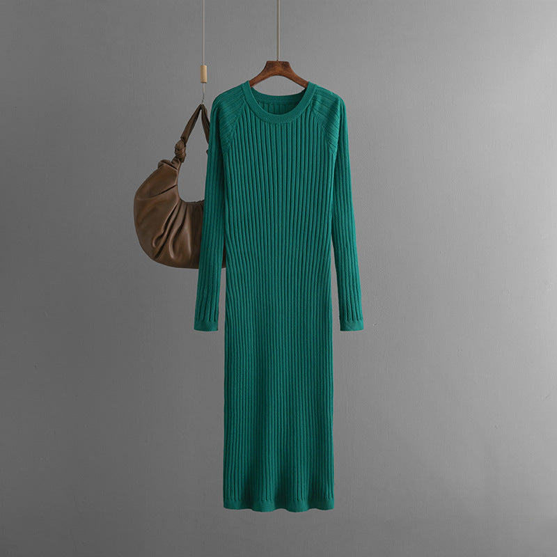 Robe midi en laine européenne et américaine – coupe ajustée avec col rond