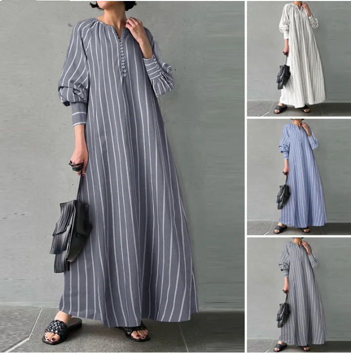 Robe pull rayée en coton et lin artistique avec poches