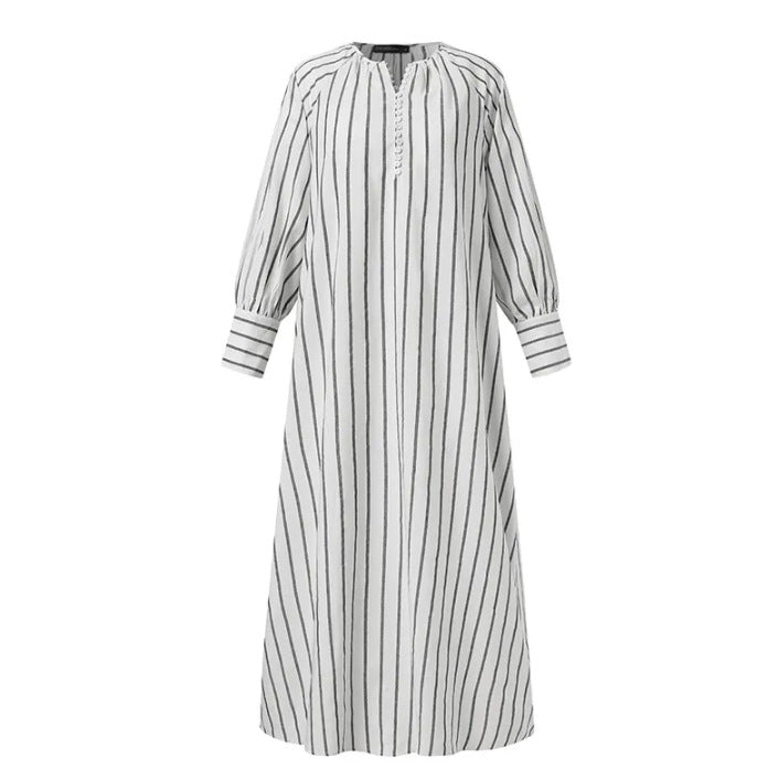 Robe pull rayée en coton et lin artistique avec poches