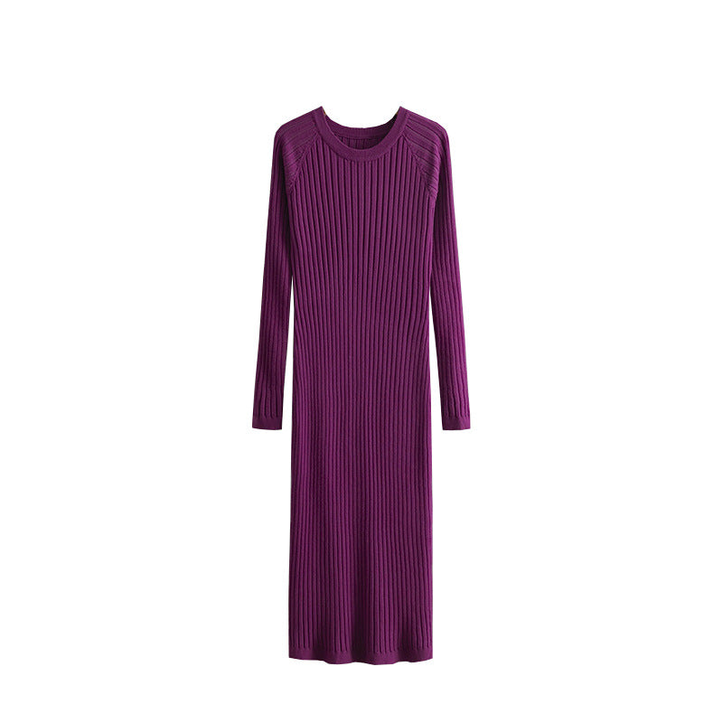 Robe midi en laine européenne et américaine – coupe ajustée avec col rond