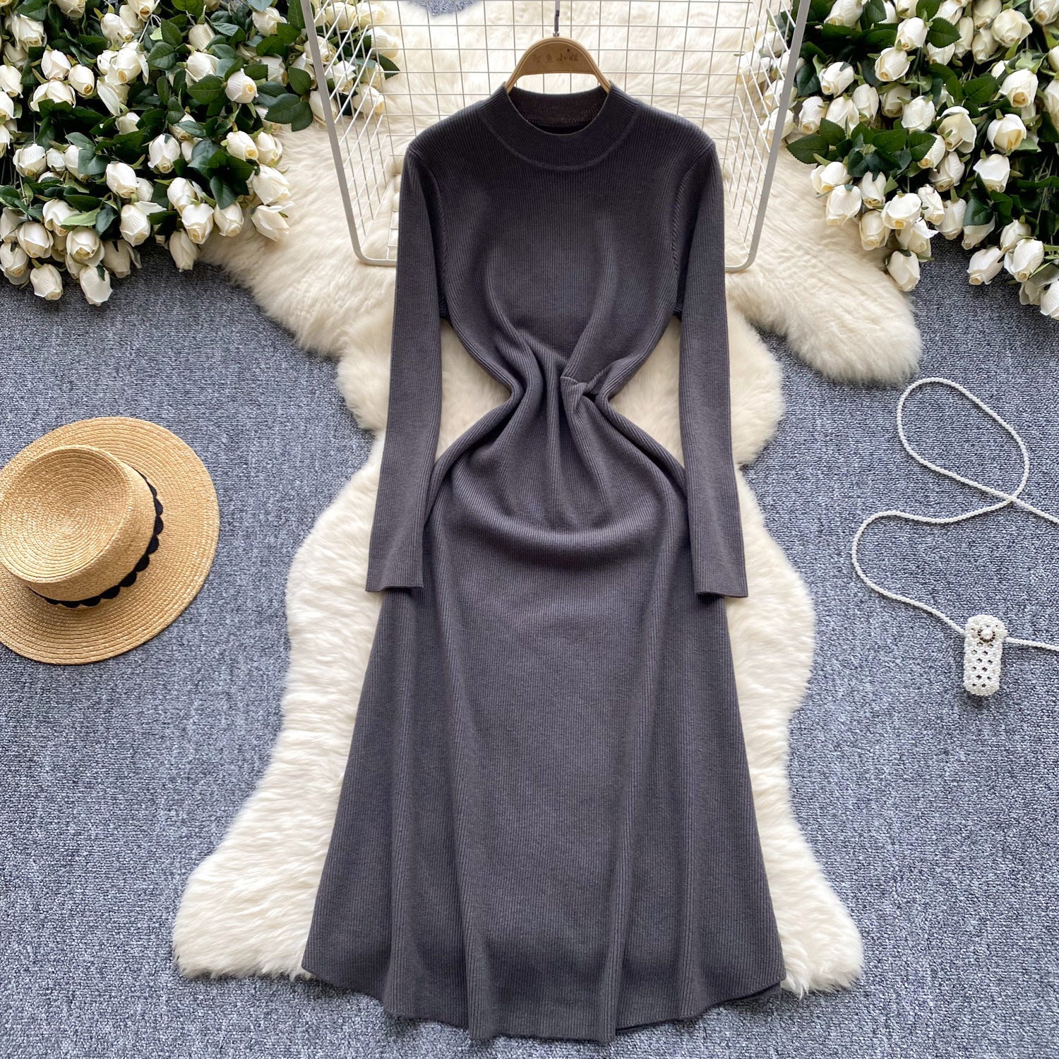 Robe trapèze élégante en coton à manches longues
