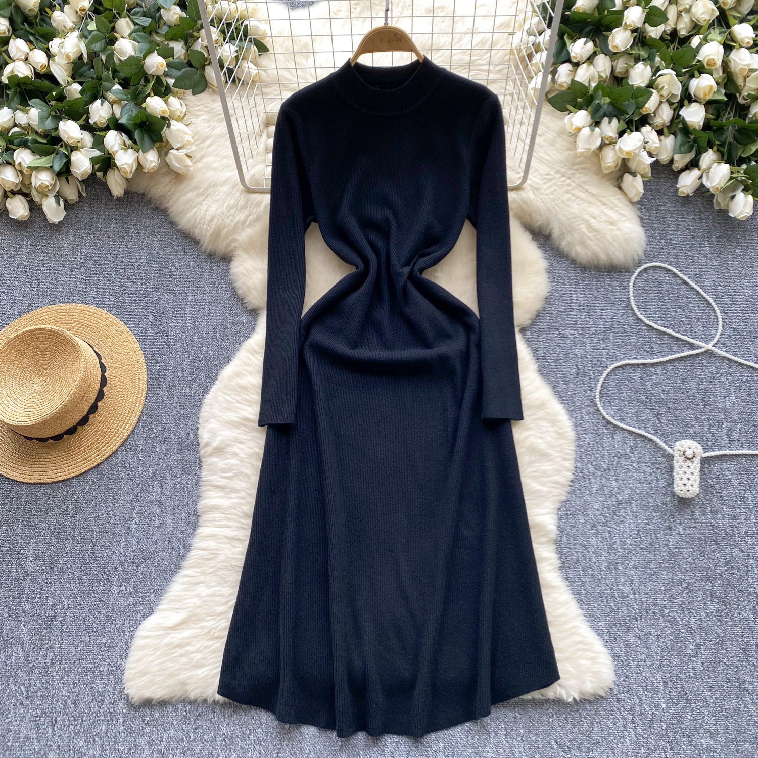 Robe trapèze élégante en coton à manches longues